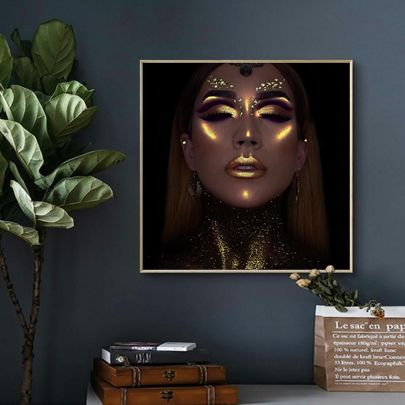 African Black and Gold Woman Oil Painting On Canvas Cuadros Posters and Prints Scandinavian Wall Art Picture for Living Room