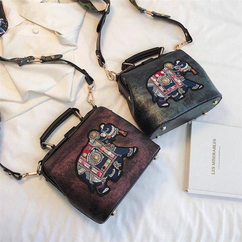 Tote Damenhandtaschen, Stickerei, Elefanten-Tasche, Taschen, böhmische Damen-Schulter-Crossbody-Tasche, weiches PU-Leder, breiter Schmetterlingsriemen