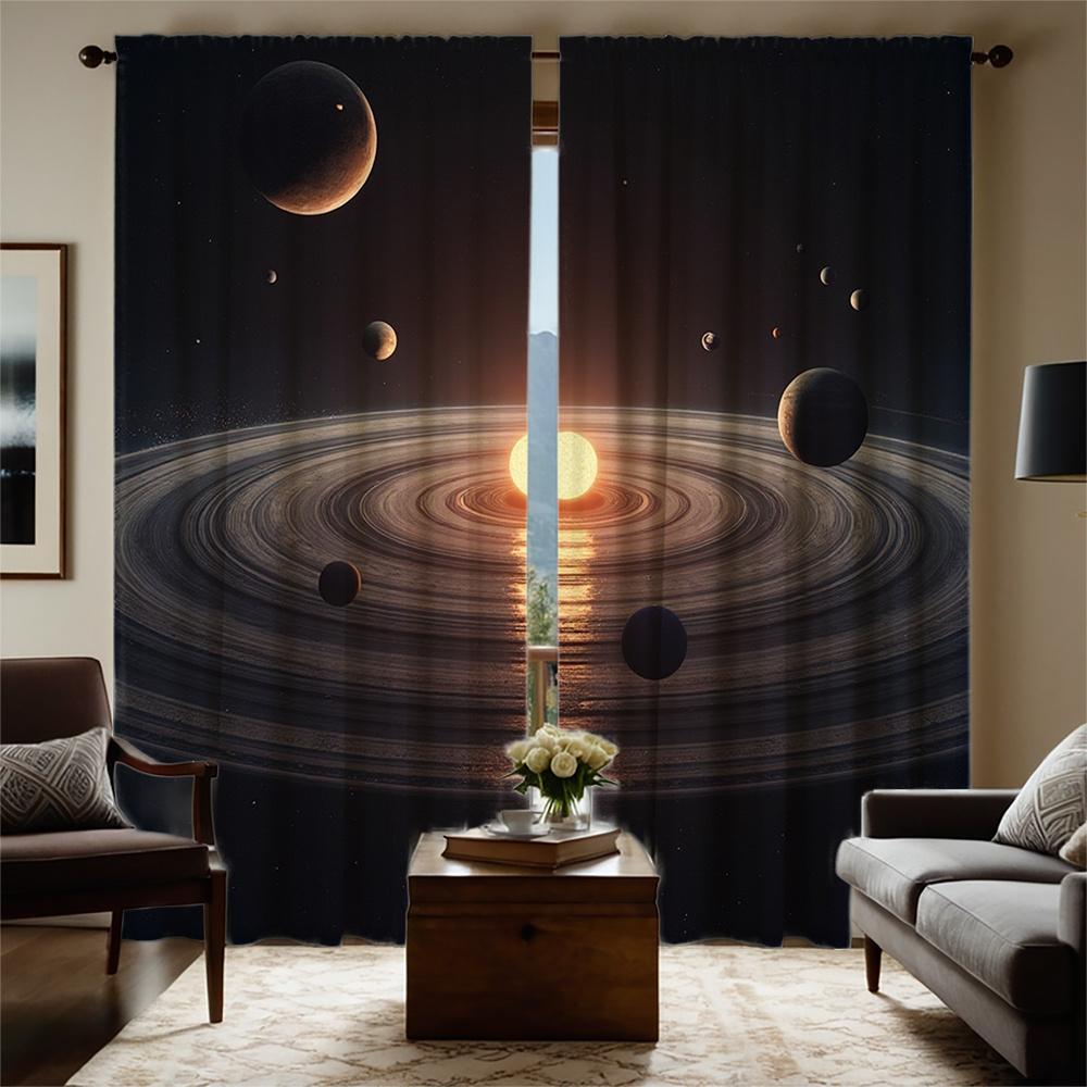 2pcs Space-Themed Curtains - Celestial Design with Sun   Planets & Rings   Semi-Transparent Polyester Fabric   Rod Pocket for Easy