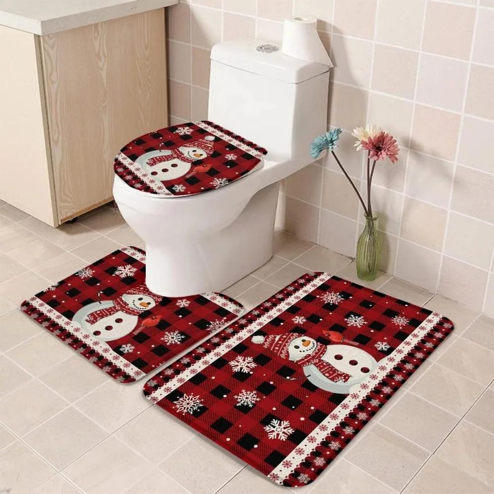 

3 шт./компл. Нескользящий коврик для ванной комнаты с рождественским Санта-Клаусом и снеговиком, чехол для сиденья унитаза и коврик, новогодние украшения, домашний коврик для пола 3PCS set