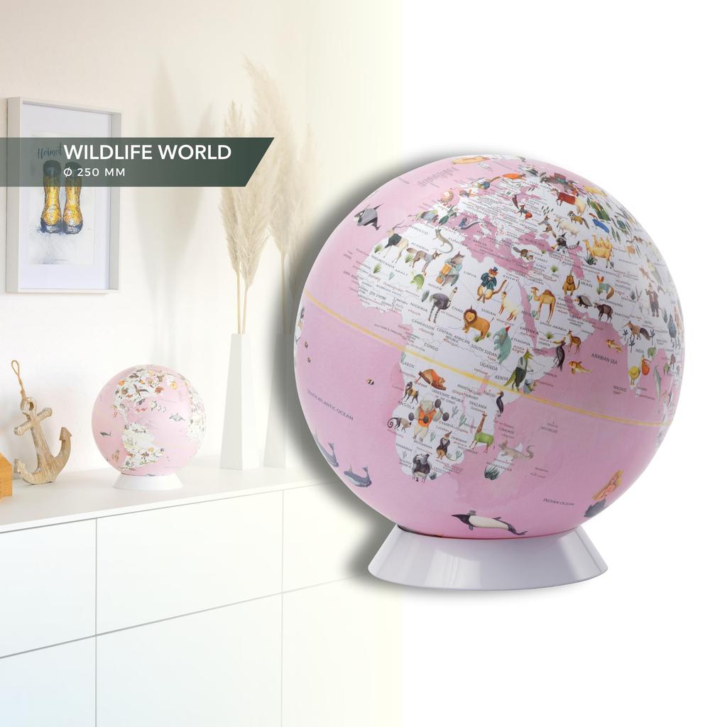 TROIKA Wildlife World Animal Distribution 25cm World English Decorative Rose White Globe, Diameter, Children's Map, Text, Tabletop, Compact, Object,