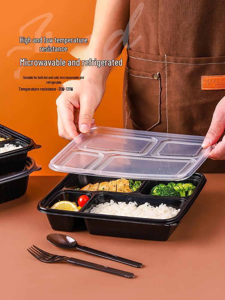 Black Disposable Bento Box with Lid - Three-Compartment and Four-Compartment Meal Tray for Takeout