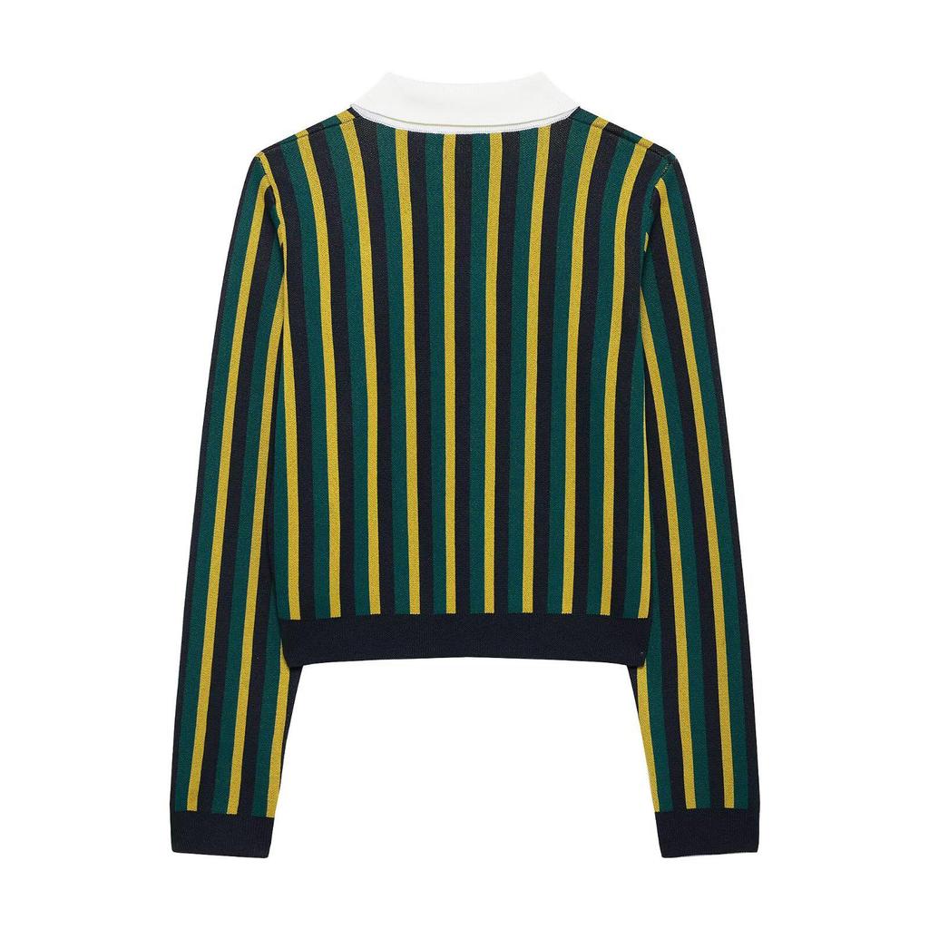 Spring 2025 Women's Striped Knit Sweater - European & American Style, Turn-Down Collar, Long Sleeve, Casual