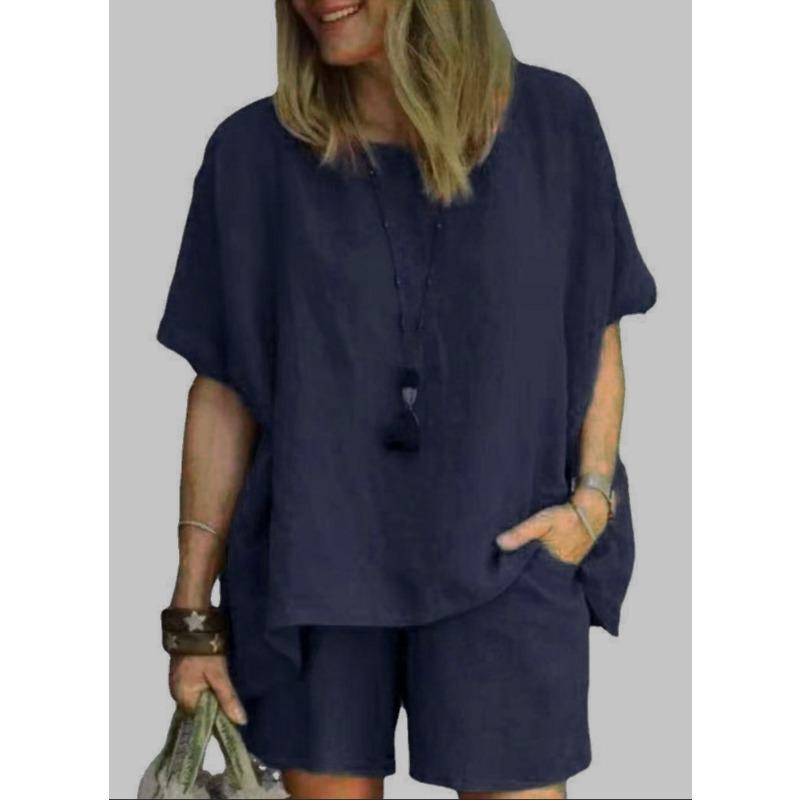 women's Solid Color Batwing Short Sleeve Loose Top High Waist Casual Shorts Summer Two Piece Outfit Set