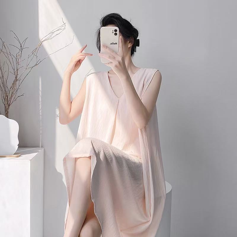 1011 new air cotton nightgown women's spring and summer sleeveless large size solid color pajamas loose maternity loungewear