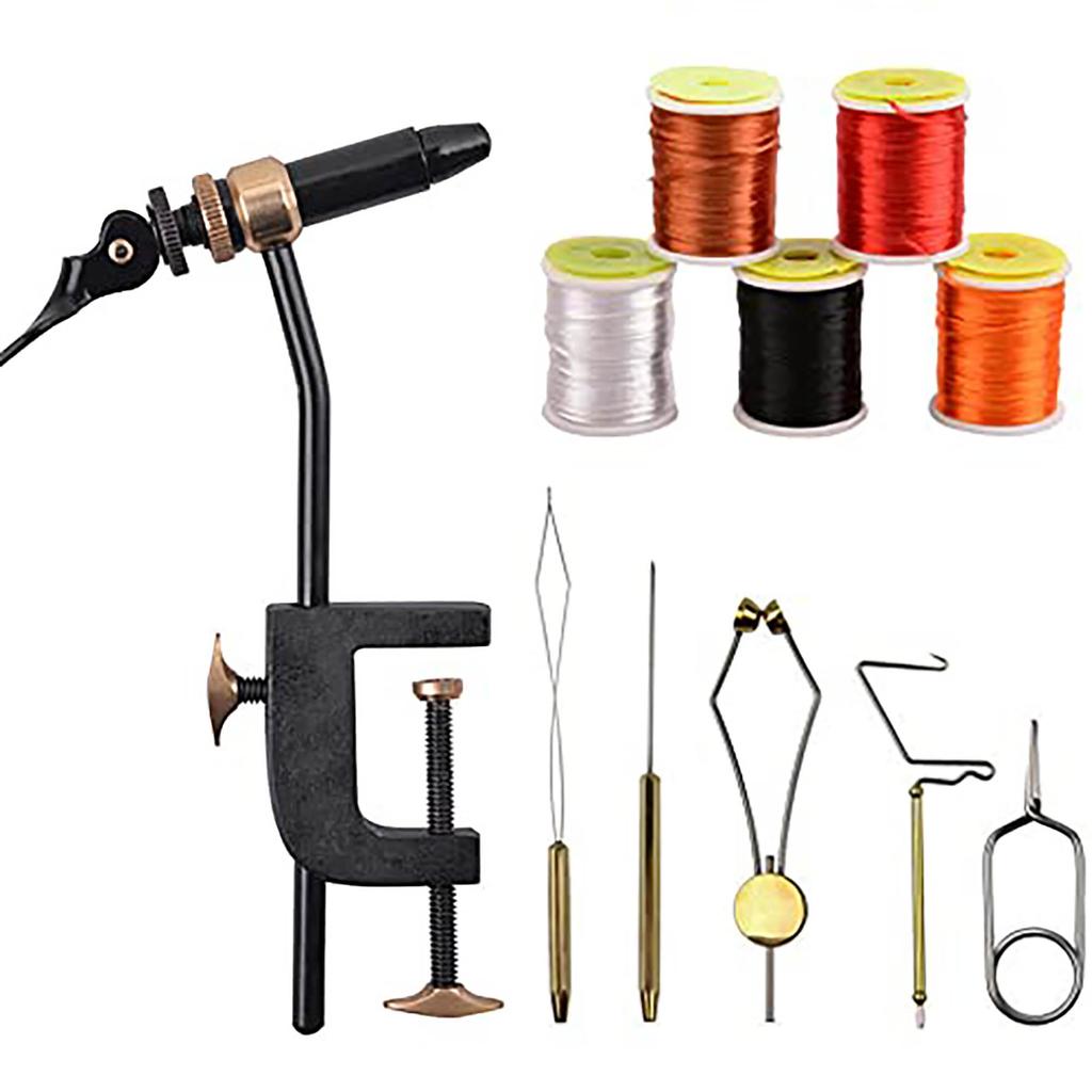 Fly King Tying Vise/Rubber Jig Making Vise Includes Bobbin Holder, Wood Tool, Rotary Whip Finisher, and 12 Fly Hooks. Fishing Tackle Set