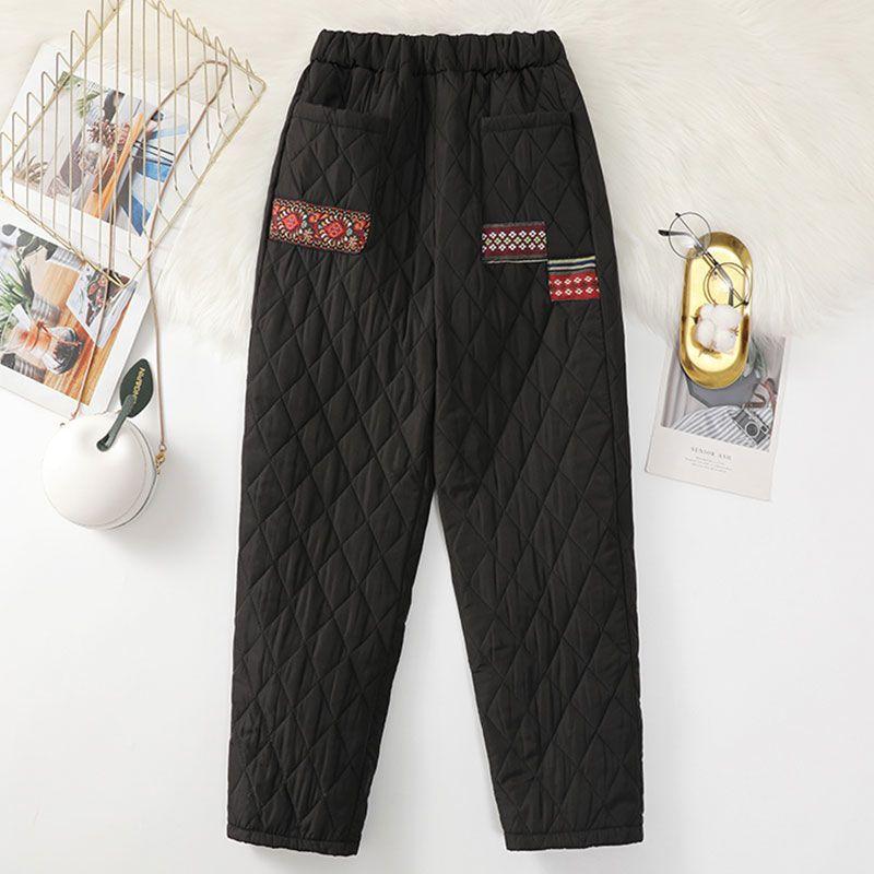 

Rhombic Imitation Down Silk Cotton Pants Retro Patch Harem Pants Women XXXXL