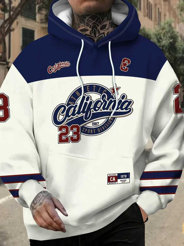 Męska bluza z kapturem Retro z nadrukiem 3D - California Sport Division, Niebiesko-biały Color Block Modny Design