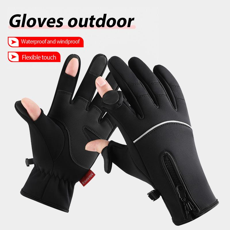 Cycling Gloves Two Finger Men's New Winter Outdoor Anti Slip Plus Velvet Warm and Cold Touch Screen Riding Gloves