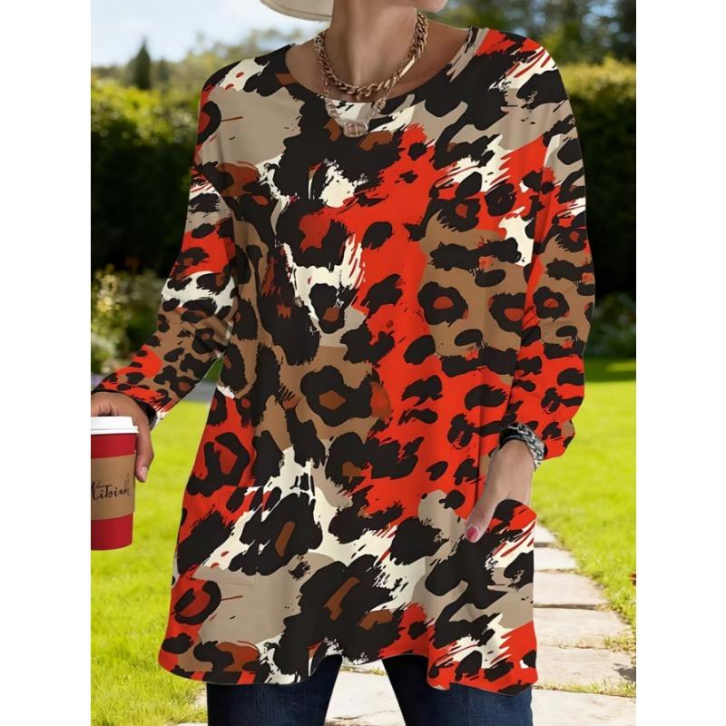 Women's long-sleeved round-neck T-shirt, suitable for spring, autumn and winter seasons. It has pockets and print designs. machine washable.