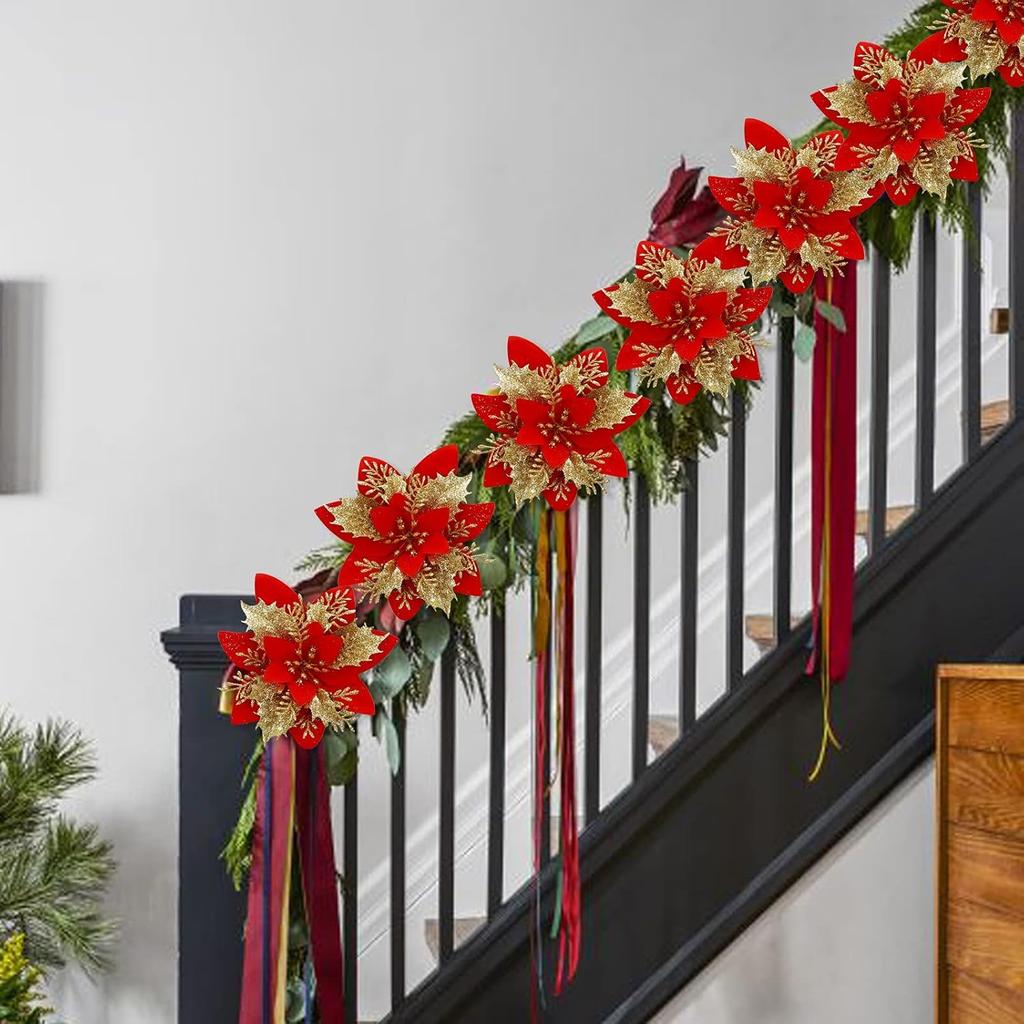 Große DIY Glitzernde Künstliche Weihnachtsblumen Kunstblumen Weihnachtsbaumschmuck Heim Neujahrsdeko