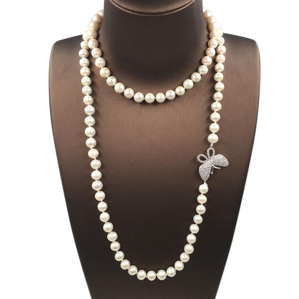 AA-grade 90 Cm Long Freshwater Pearl Necklace 7-8 Mm Round Sweater Pearl with Butterfly Accessories Good Quality Nature Necklace