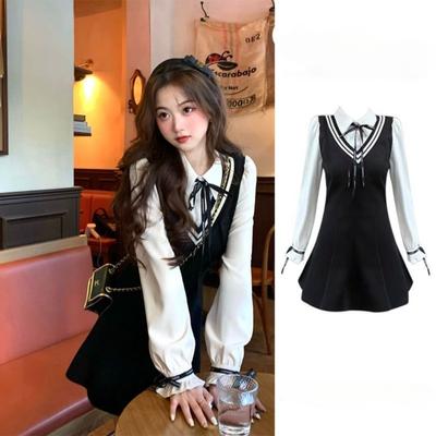 Preppy Style School Dress Polo Korean Fashion Kawaii Student Fake Two Pieces Mini Short Dresses  Autumn Chic
