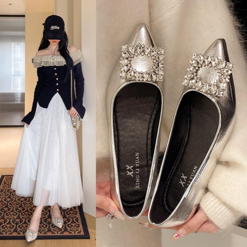 Fashion Silver Inside Heightened Single Shoes Women's 2025 New Autumn Pointed Toe Rhinestone Jane Shoes Slip On Shallow Mouth