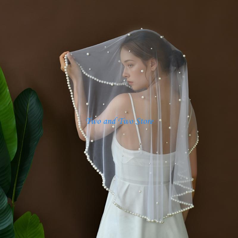 HX6F Luxurious Pearls Decors Bridal Veils Headpiece Soft Sheer Seethrough Tulle Veils For Wedding Event Photography Accessories