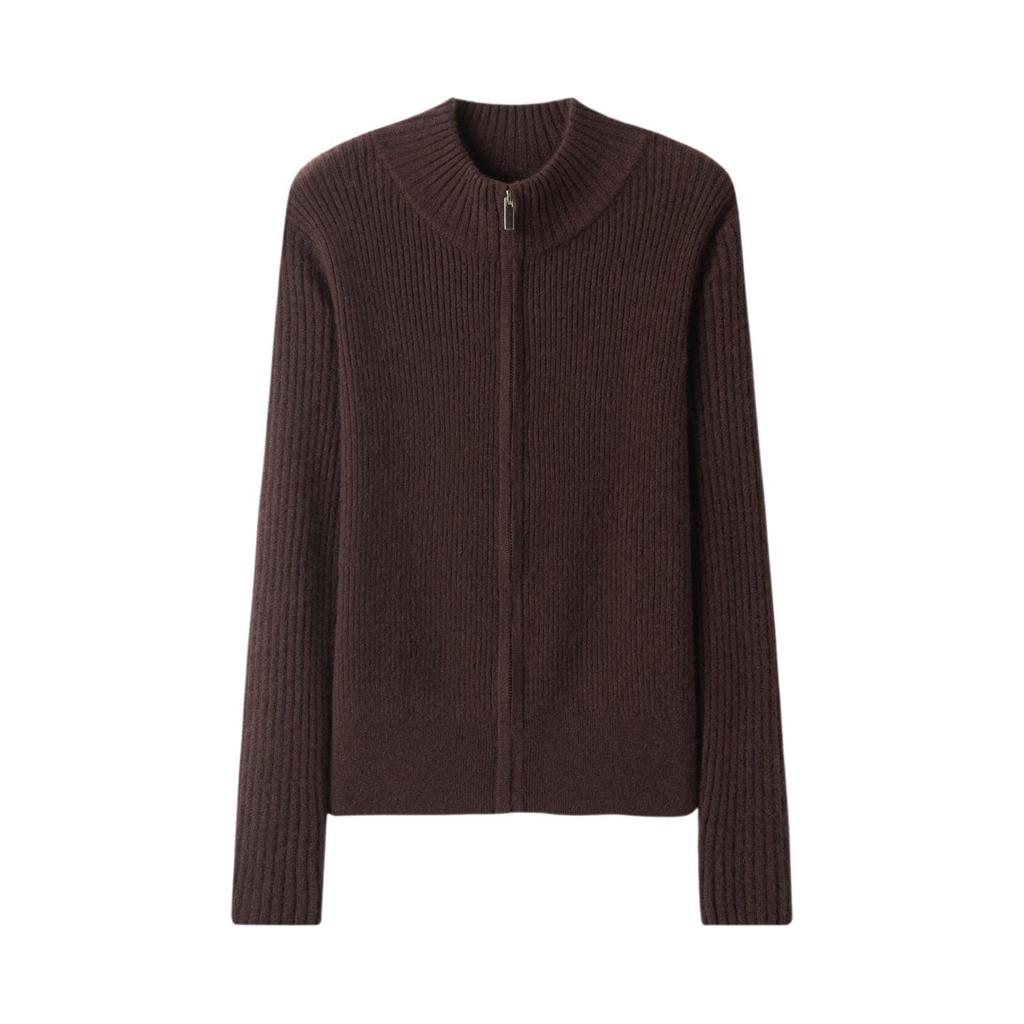 Lekasha Striped Cashmere Stand Collar Zip Cardigan