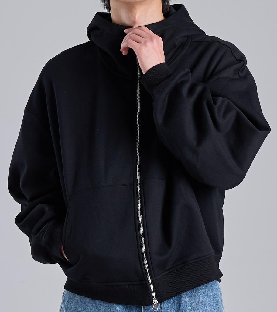 Button Seoul Two-Way Minimal High-Neck Cotton Zip-Up Hoodie (Black)