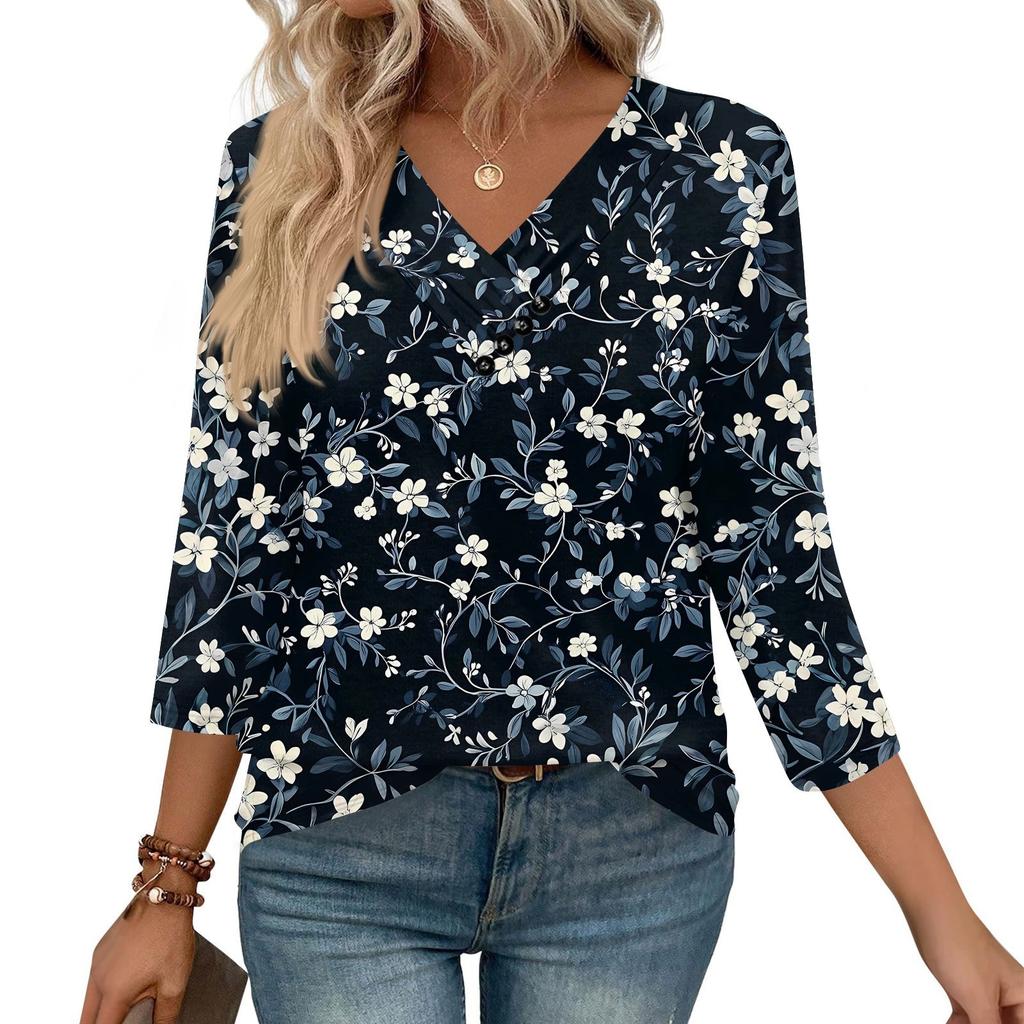 Women's Print Top Button-down V-neck T-shirt 3/4 Sleeve Loose Fashion Top