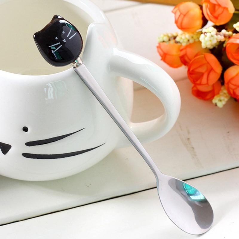 Cute Black/White Cat Stainless Steel Spoon Cartoon Lovely Coffee Milk Tea Ceramic Stir Spoon