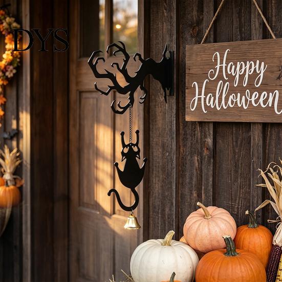 Spooky Entrance Hall Accents Halloween Welcome Sign, Wall Mount 2D Acrylic Hanging Decor with Bell, Door Bell Decorations Gothic Black Cat Creepy