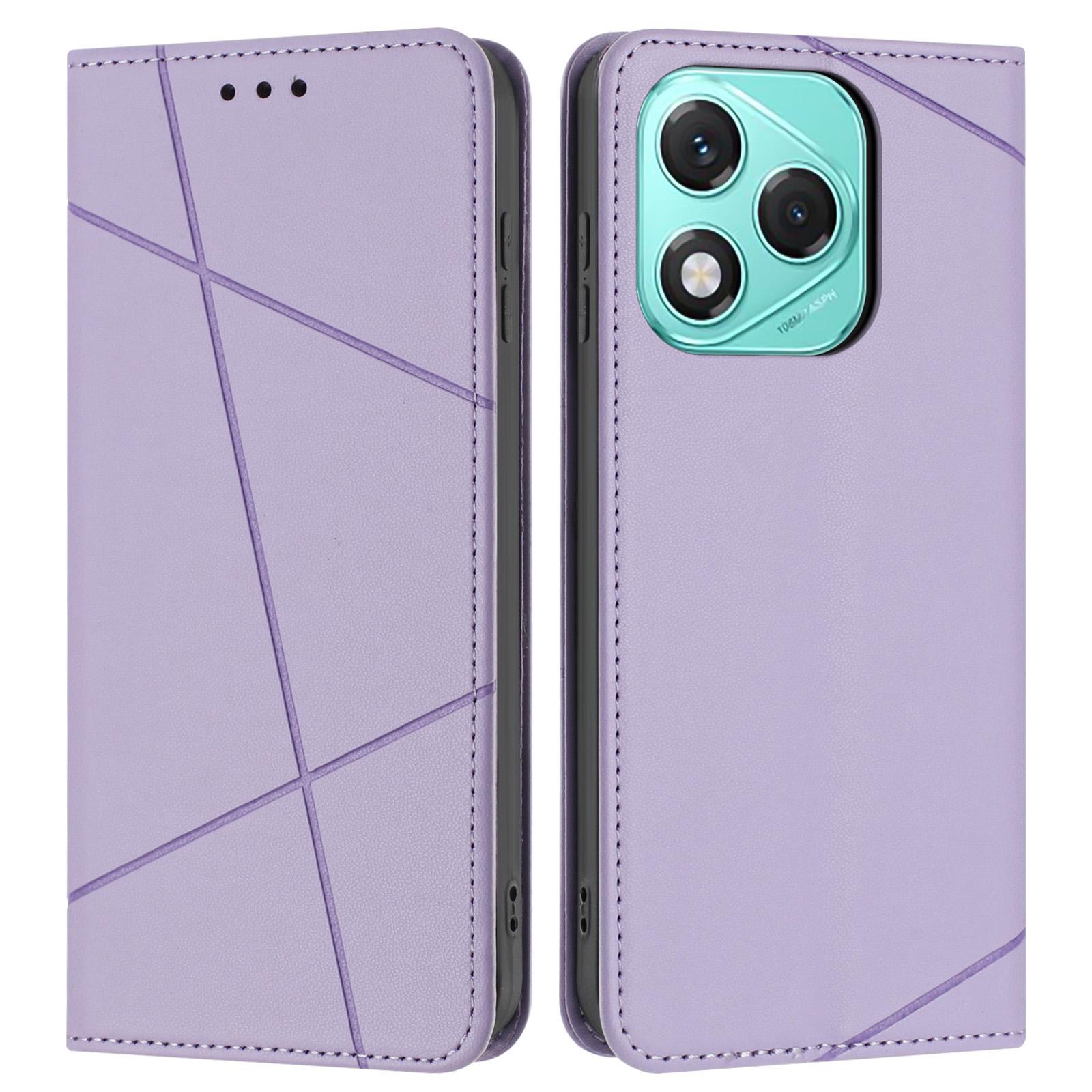 

For Honor 400 Lite 5G Wallet Case Line Imprinted Leather Stand Phone Cover with Wrist Strap Purple