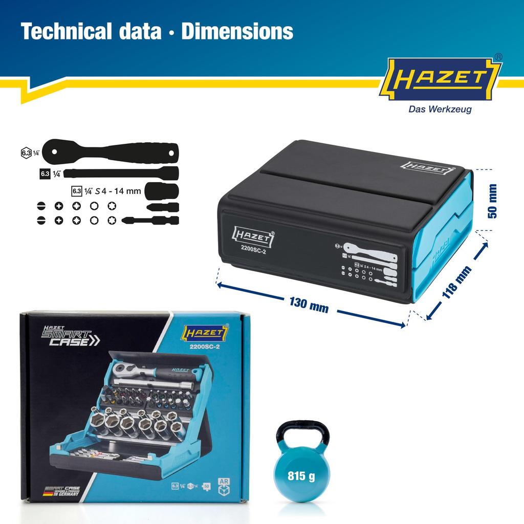 HAZET Socket Wrench Professional Tool Set with Smart Hex and Square and Made in Authentic 2200SC-2 Set, 50-Piece Case, Ratchet, 1/4-Inch (6.3mm)