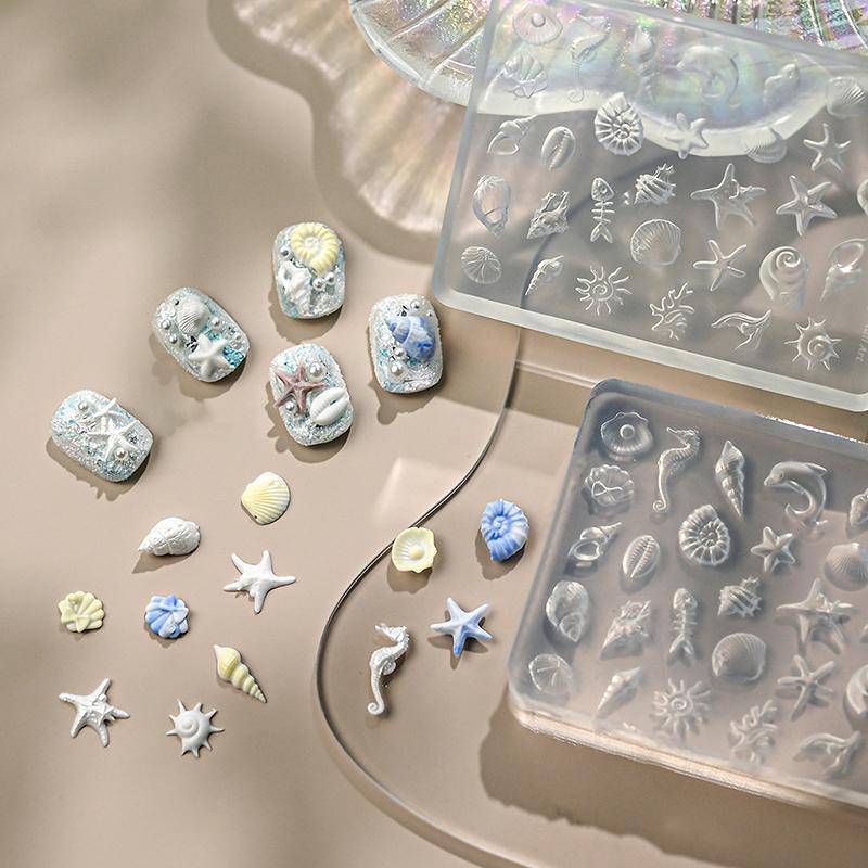 1PCS 3D Acrylic Nail Mold Sea Shell Starfish Goldfish Koi Fish Summer Jellyfish DIY Lace Bow Silicone Nail Art Mold