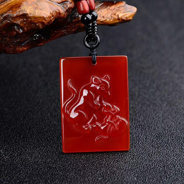Red Agate Zodiac Pendant - New Design with Monkey and Dog Symbols for Prosperity and Brightness