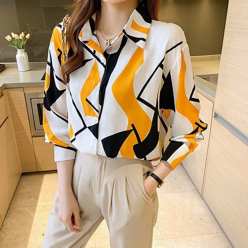 Women's Korean Style Chiffon Blouse: Slim Fit, Printed, Plus Size, Long Sleeve, Versatile Sun Protection Shirt for Spring and Summer.