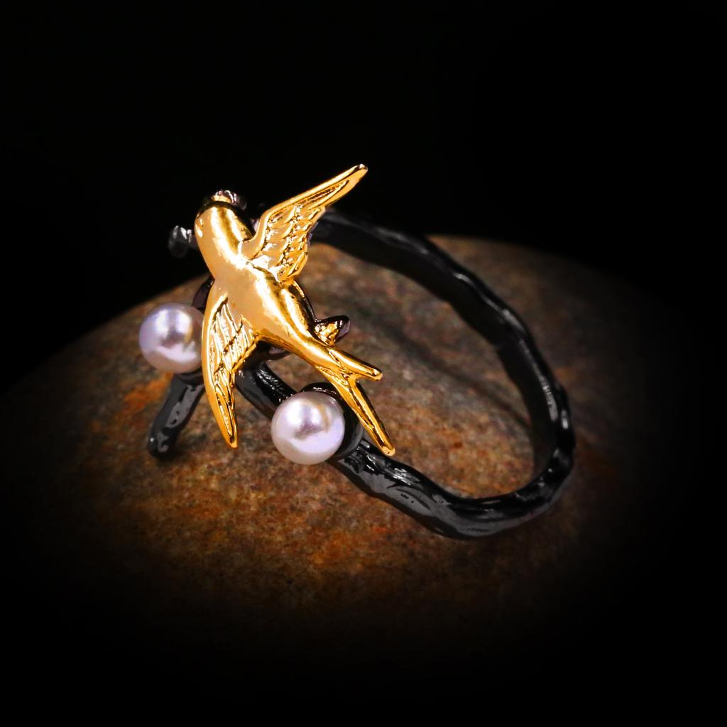 Exquisite Hummingbird Pearl Black Gold Ring Ladies Ring Party Jewelry Engagement Gift Bird Magpie Women's for Ring