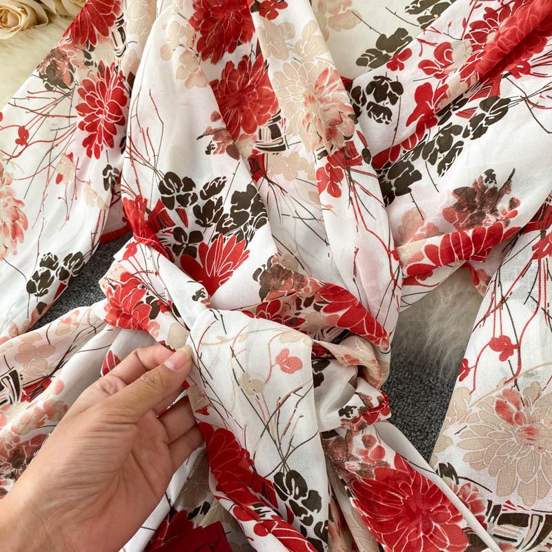 Chiffon Floral Top Set Casual V Neck Bandage Blouse Ladies Loose Wide Leg Trousers Suits Summer 2 Pieces Sets