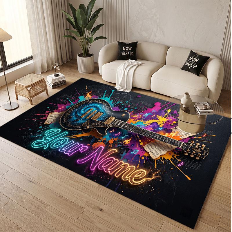 Music Guitar Theme Soft Crystal Velvet Rug Custom Name & Text Print Non Slip Floor Rug for Bedroom Living Room