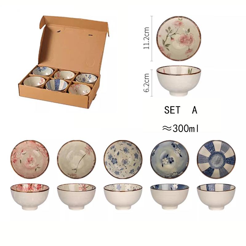 6pcs Japanese Ceramic Cereal Bowl Set Dessert Salad Snack Bowl Kitchen Noodle Bowl Tableware Set Microwave Safe Gift Box