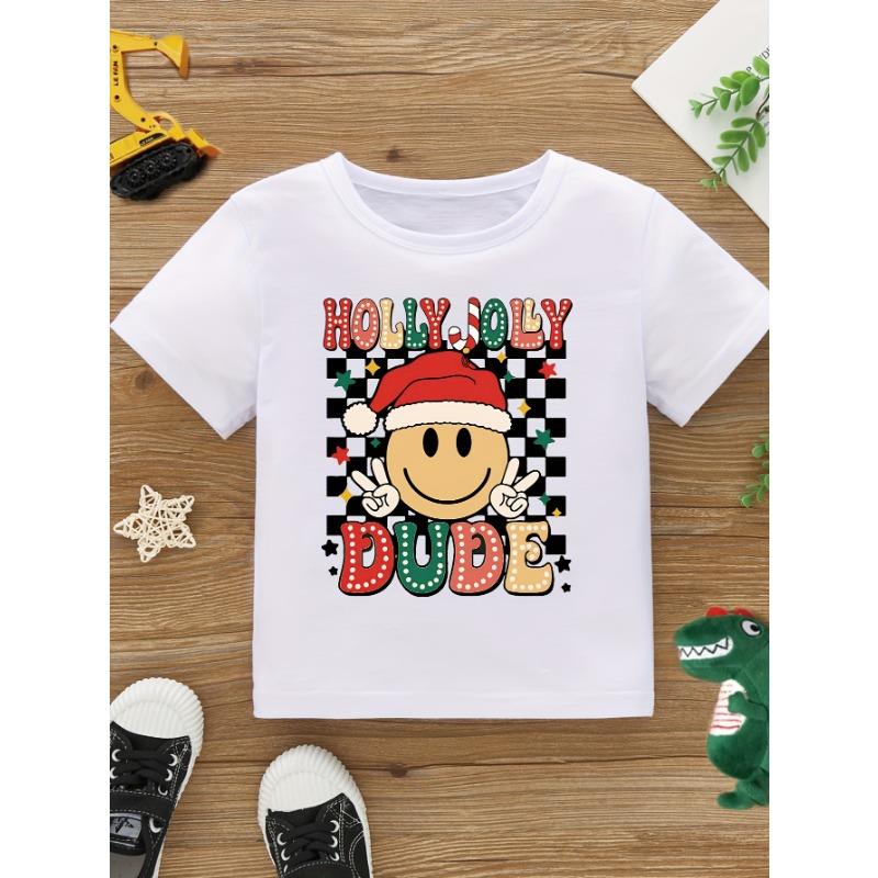 European sizes Boy Holly Jolly Dude Letter And Cartoon Pattern Print Trendy Versatile Casual T-Shirt 110 белый