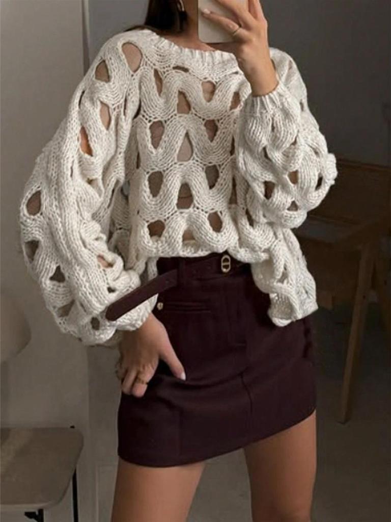 Damen Lässiger Lochstrick-Pullover Cardigan Langarm