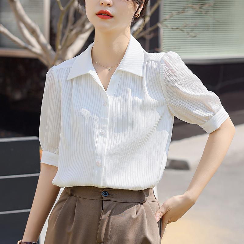 Positive Shoulder Short-sleeved Chiffon Shirt Women's Summer V-neck Blouse Shirt Tops