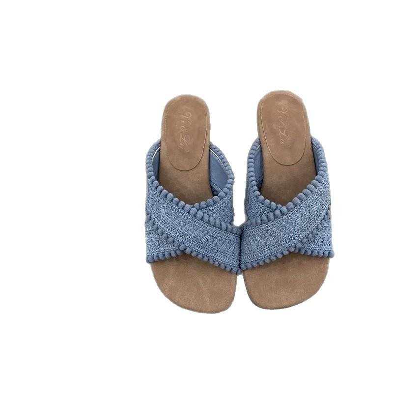 Fashion Shoes Slippers Women Summer On A Wedge Low Slides Fashion Shale Female Beach Soft Luxury Sabot Cotton Fabric Rome PU Hoof Heels