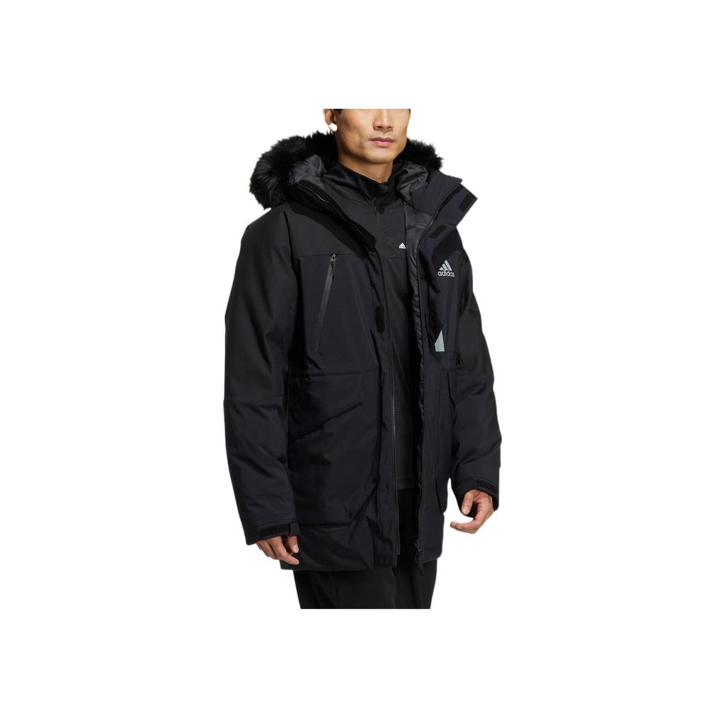 Adidas Fur Hood Down Packable Solid Color Logo Zip-Up Hooded Down Jacket Unisex Jackets Black HR5232