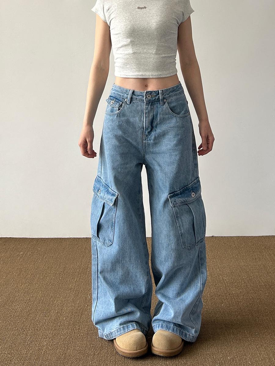 Unisex Retro Coastal Blue Wide-Leg Jeans: Casual Large-Pocket Design XXXL
