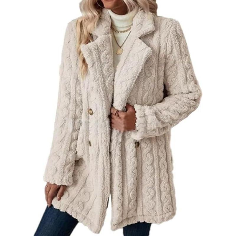Women S Plush Double Breasted Mid Length Coat Notched Lapel Casual Warm Outerwear