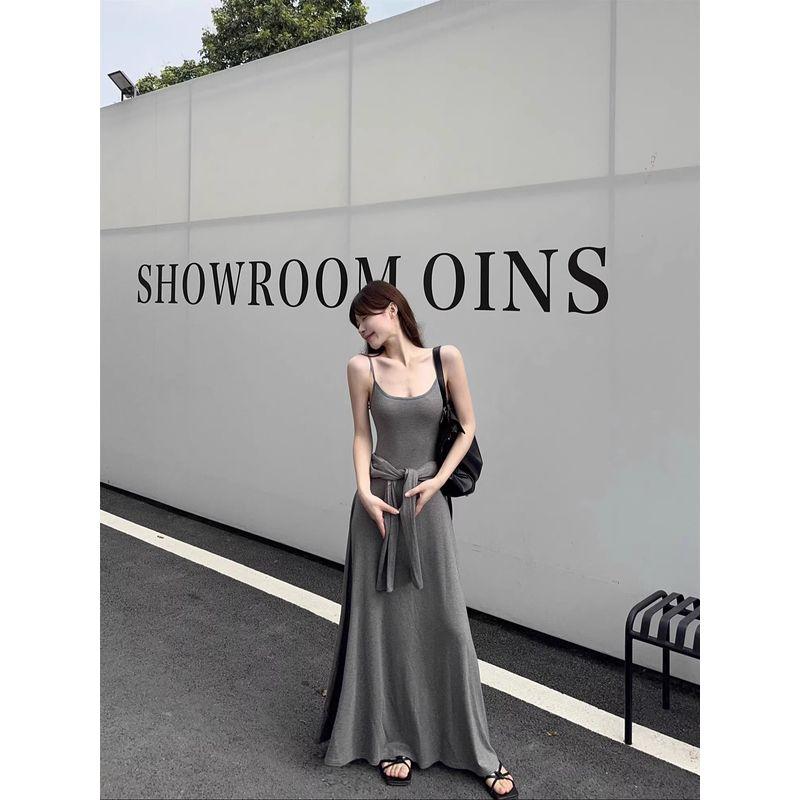 Kumikumi Idle Style Simple Solid Sling One Piece Dress Women Clothing Summer Elegant All-Match Waist Hugging Slimming Long Dress