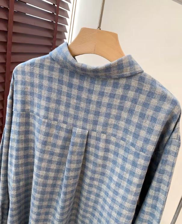 Blauw Ruitjes Hart Geborduurd Dik Katoen Lange Mouwen Shirt - Nieuwe Winter Collectie