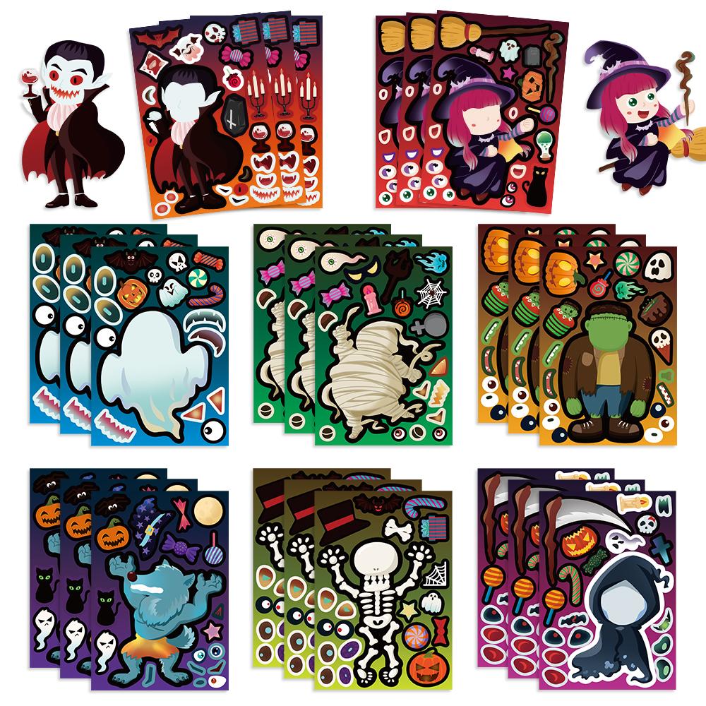81624Pcs Halloween Stickers Crafts For Kids Make A Face Witch Pumpkin Ghost Assembly Puzzle Sticker Party Favor Diy Toys