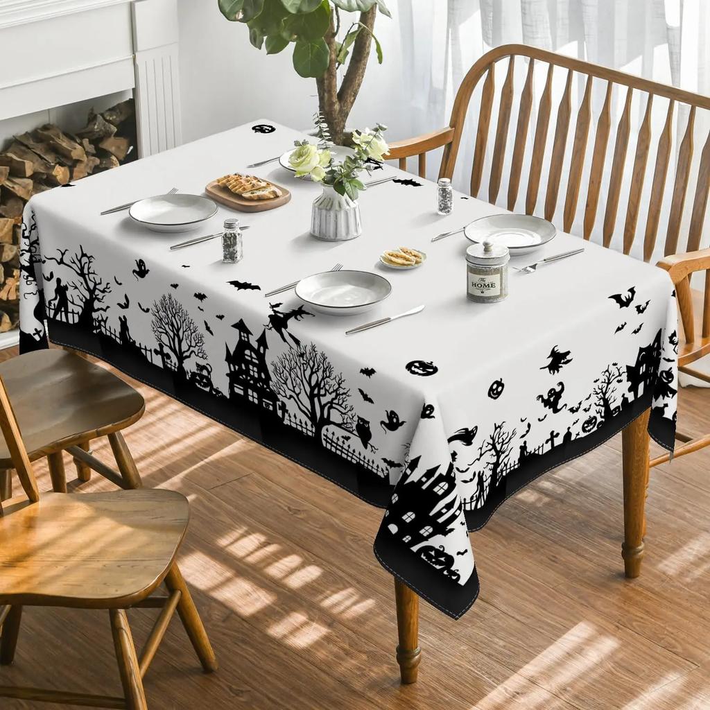 Halloween Castle Tree Scary Themed Rectangle Tablecloth for Table Decor Reusable Kitchen Dining Tablecloth Halloween Decorations