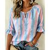 Damen Mehrfarbiger Print Krawattenfront V-Ausschnitt 3/4 Rüschenärmel Lockere Bluse, Lässiges Tägliches Oberteil