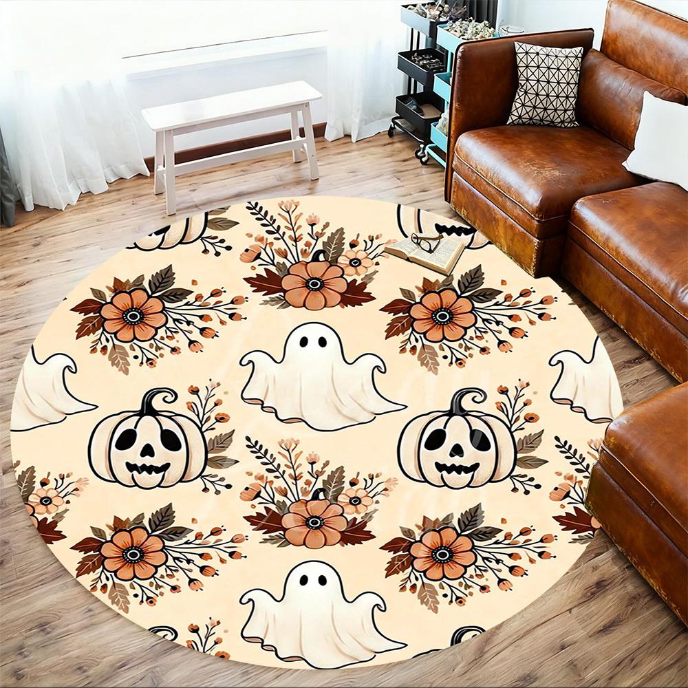 1pc Ghost Pumpkin Round Chair Mat Area Rug - Non-Slip, Floor Mat for Office, Bedroom, and Indoor Decor -1002189