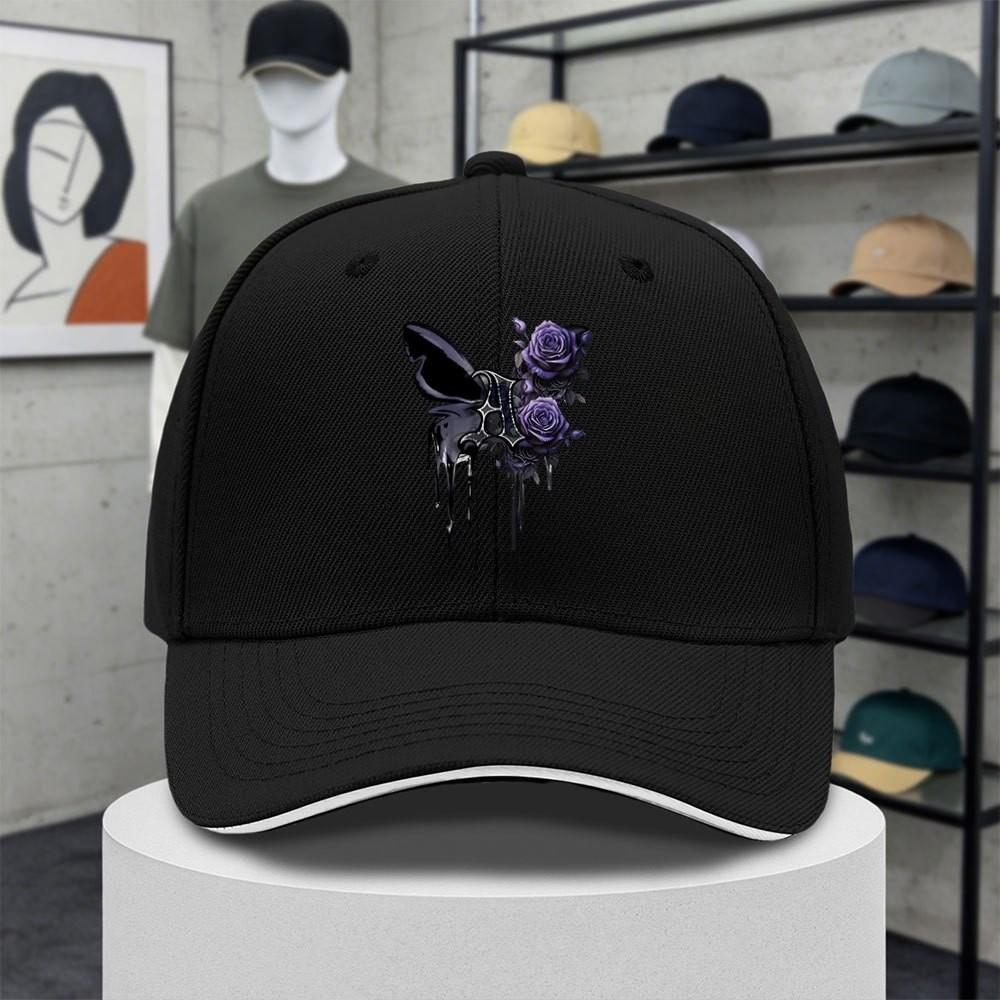Gothic Purple Rose Bat Print Baseball Cap Adjustable Outdoor Curved Brim Hat for Unisex Adults
