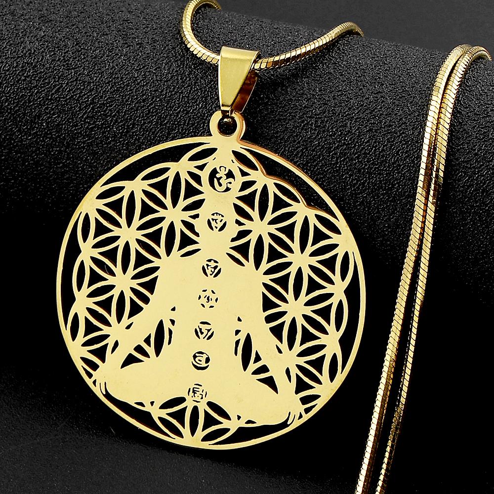 Buddhism Meditation Yoga Flower of Life 7 Chakras Pendant Necklace Stainless Steel Buddhist Sacred Geometry Reiki Chain Jewelry