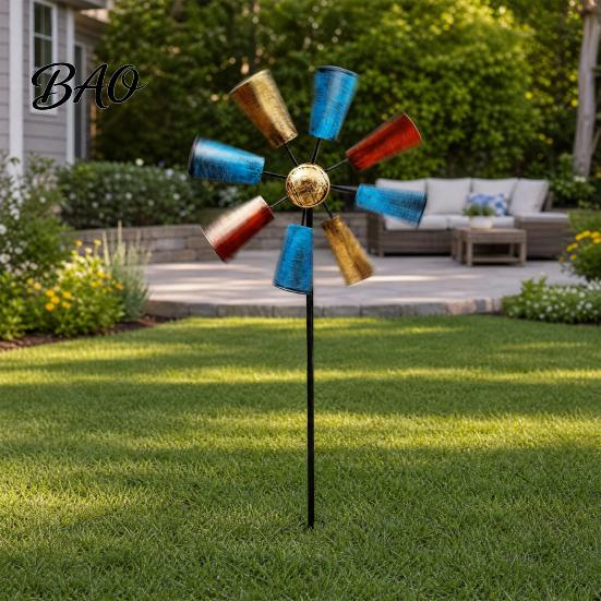 Outdoor Windrad Windspiel Erdspieß, Rostfreies Ornament, Antik-Metall Garten Dekoration für Hof Rasen Terrasse Glatte Drehung