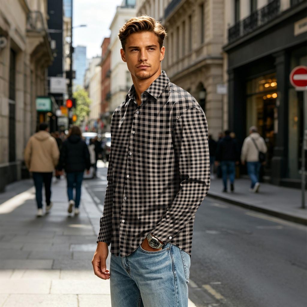 Men's Long Sleeve Plaid Shirt with Collar for Casual Daily Wear